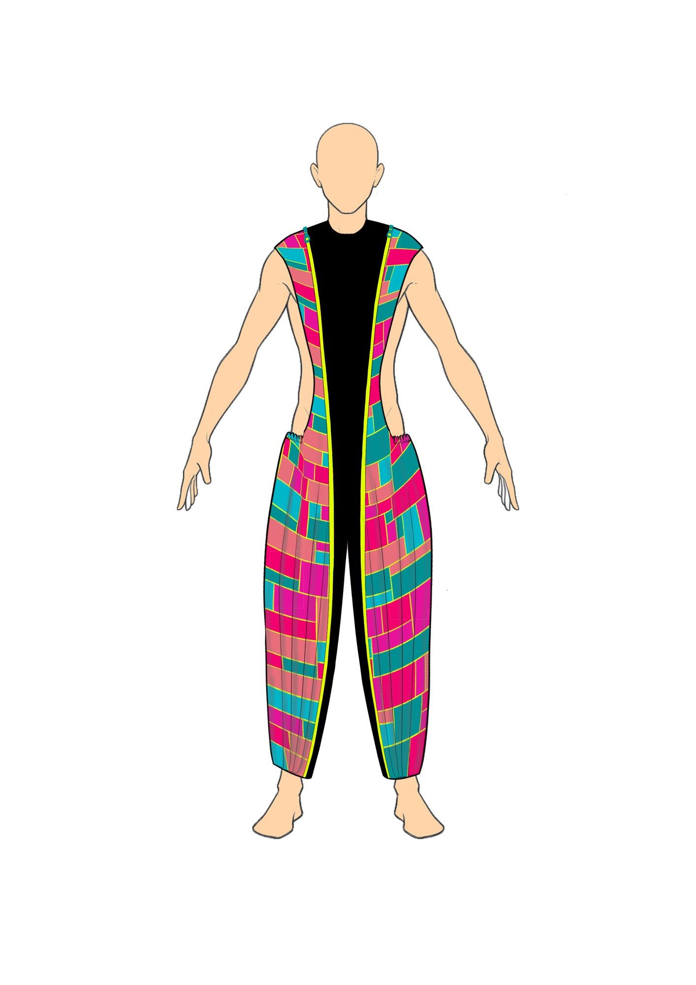 Illustration of the inner bodysuit with patchwork trousers