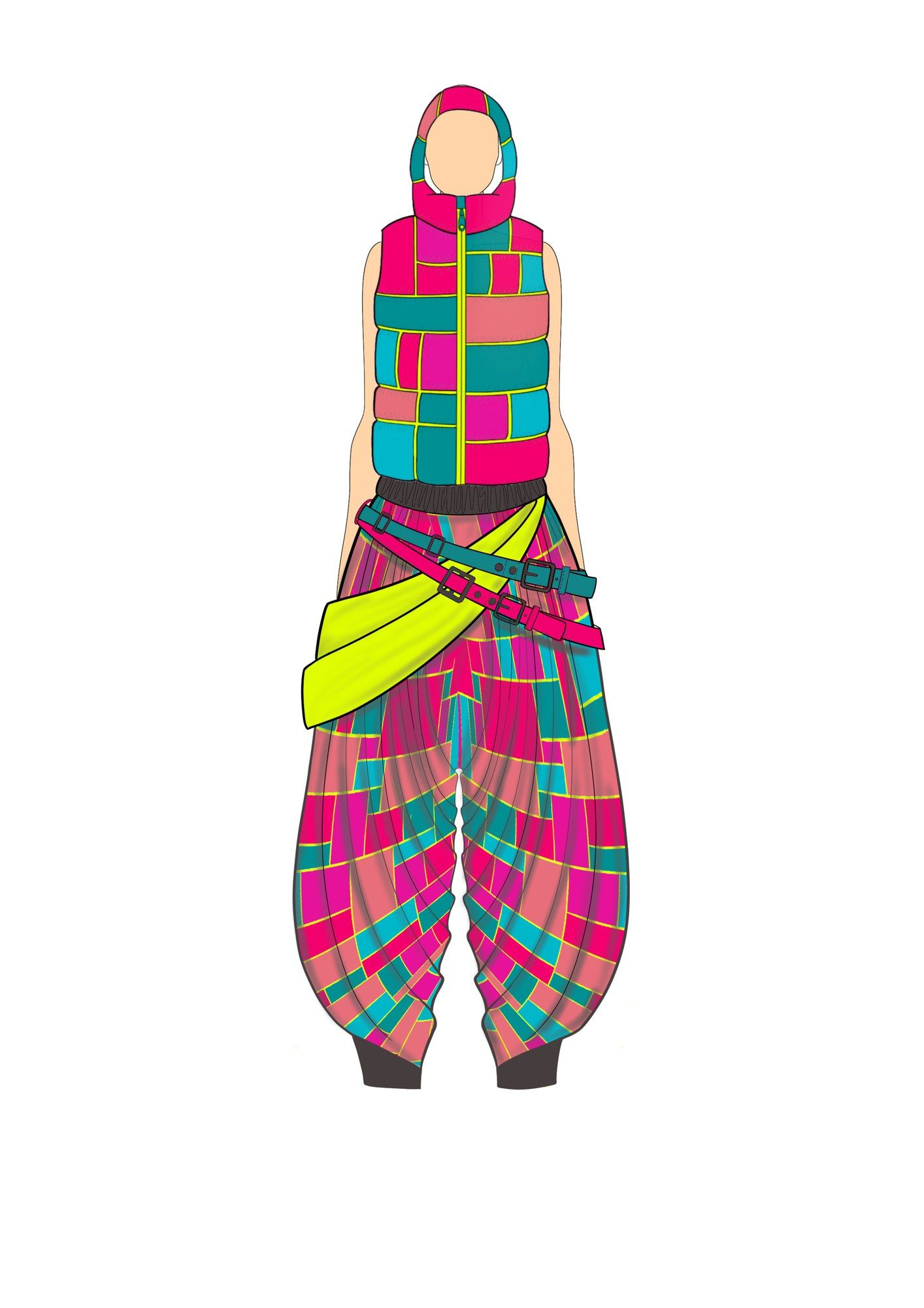 Illustration of the hooded patchwork vest and harem pant