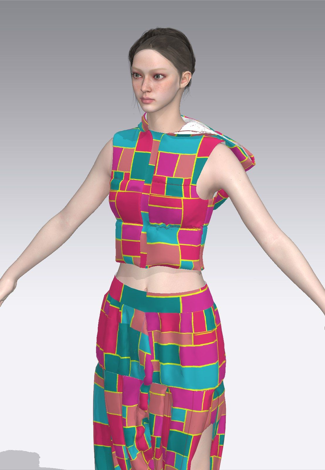 CLO3D render of the patchwork vest, three-quarter view