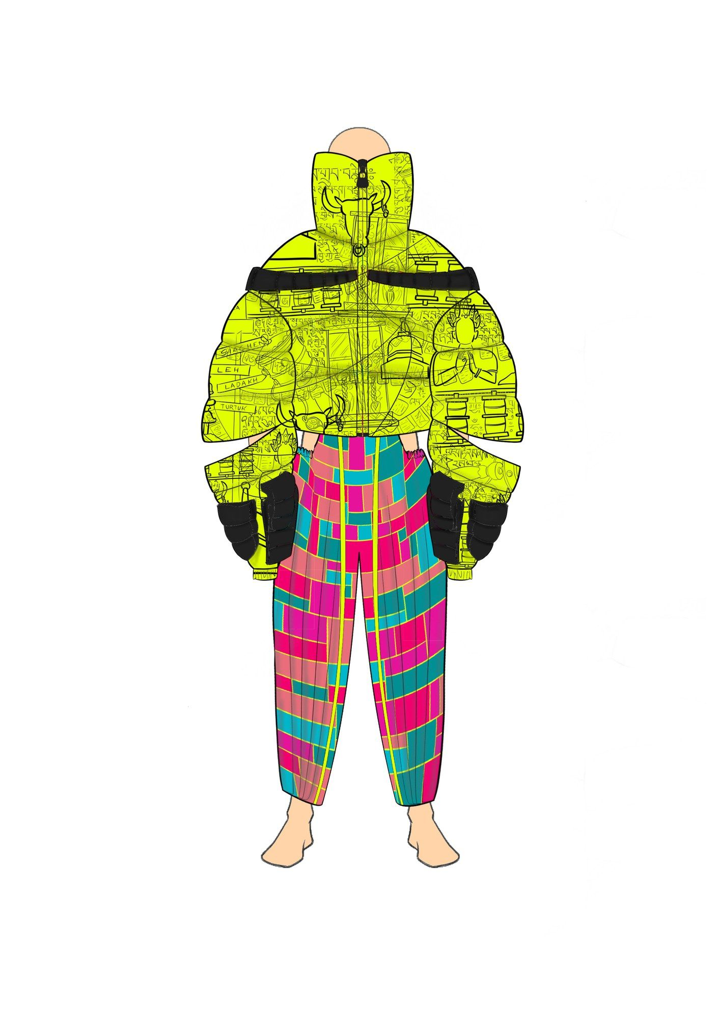 Illustration of the lime puffer with patchwork trousers