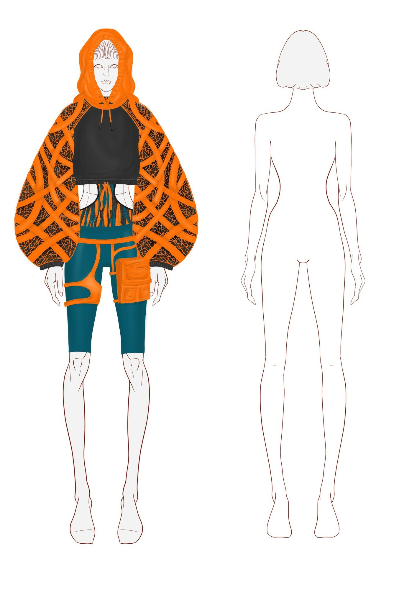 Illustration of a hooded orange and black athleisure look with lattice-print balloon sleeves, cycling shorts and a belt bag