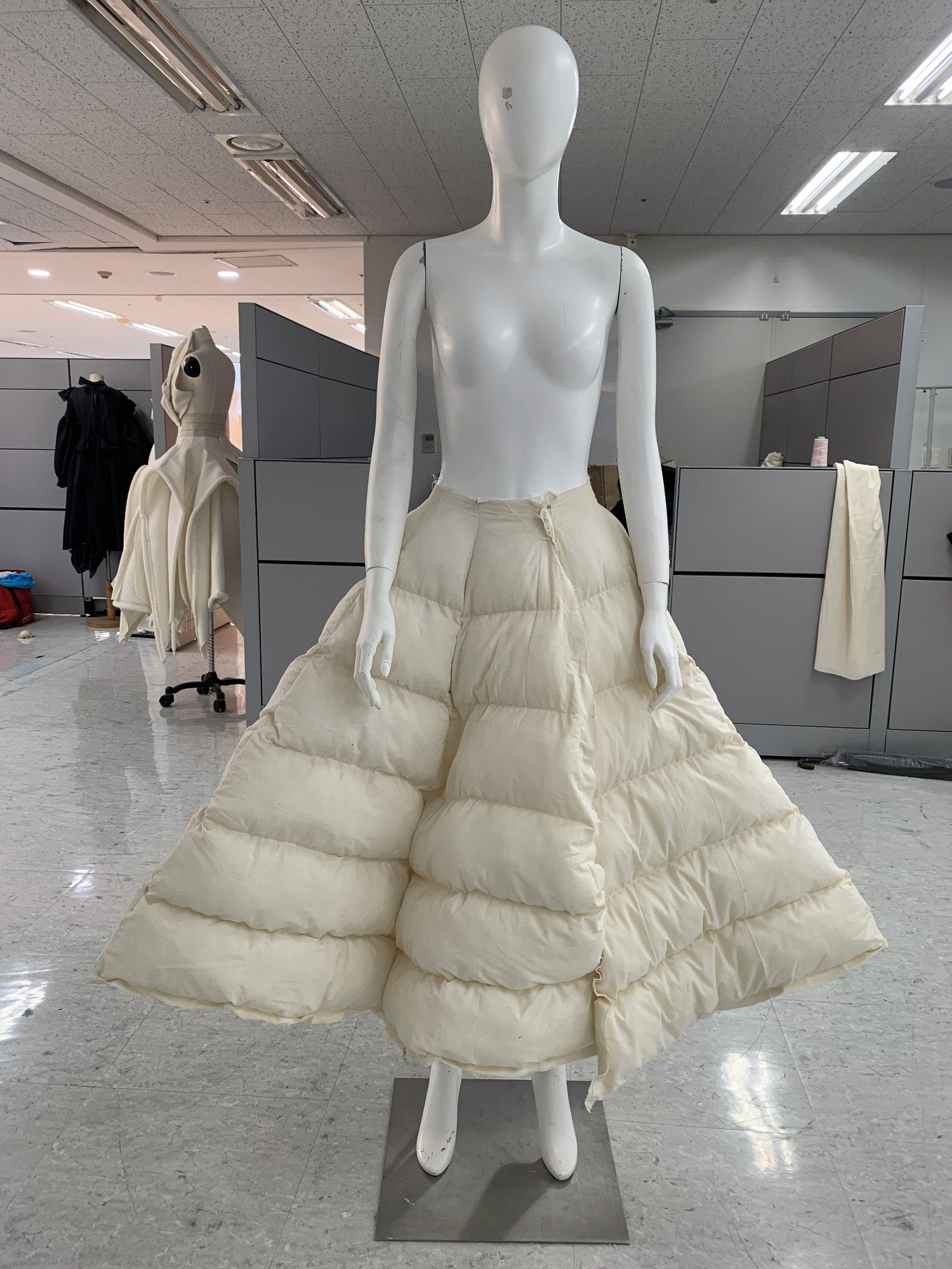 Calico toile of a quilted ball skirt