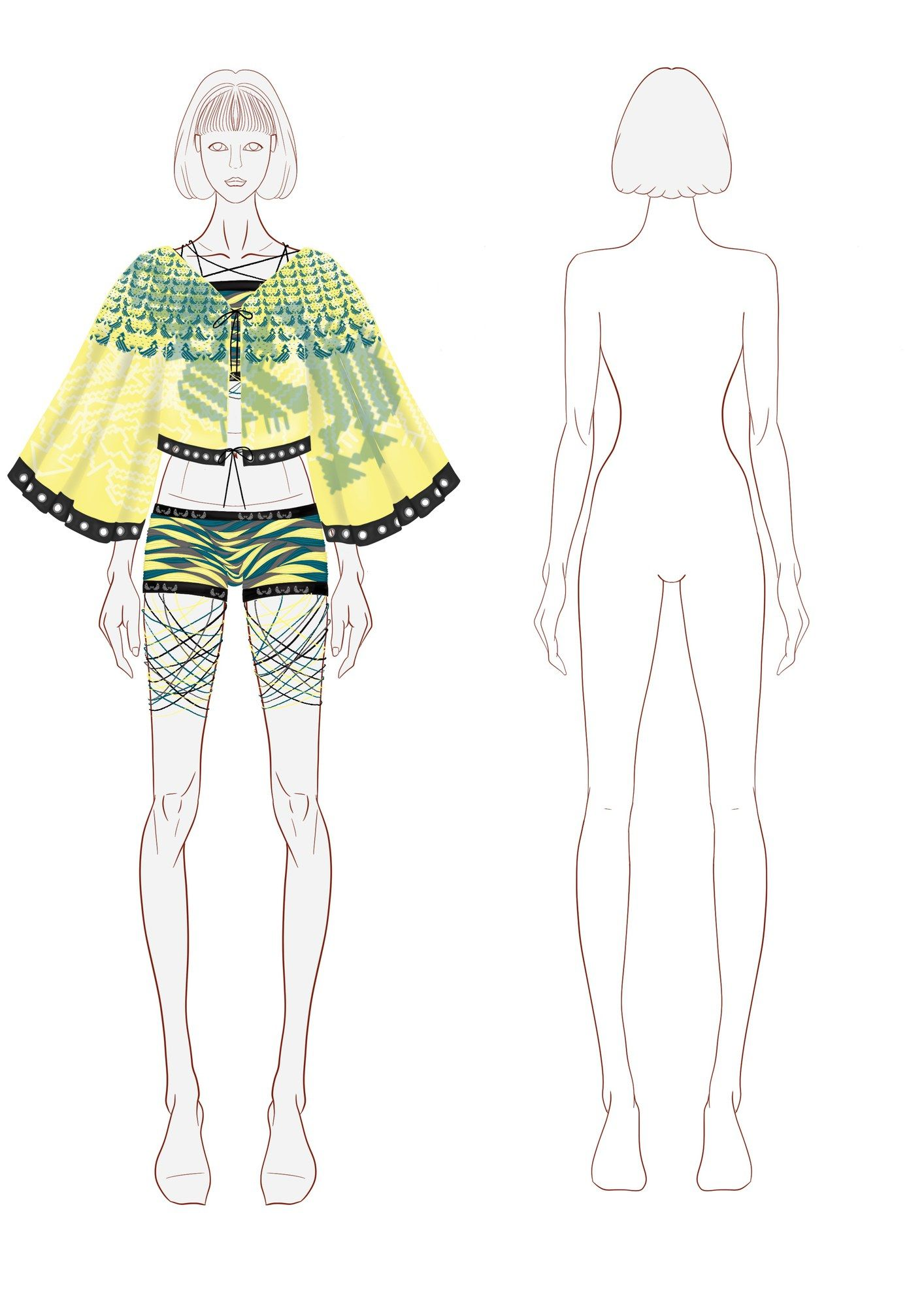 Illustration of a yellow and green printed cape and swim set