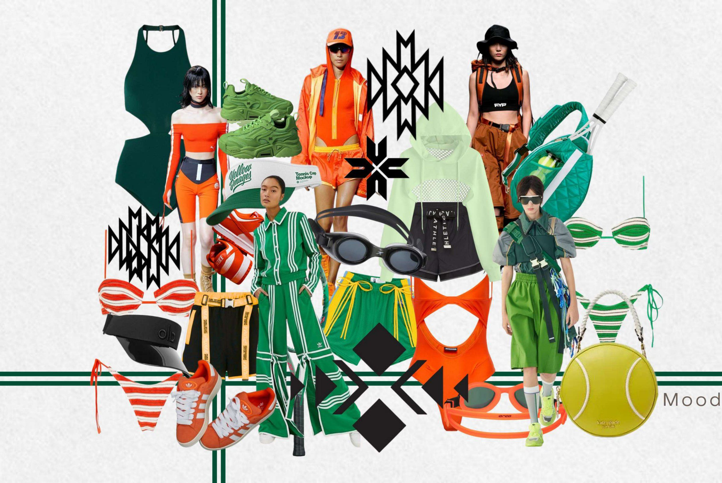 Moodboard of tennis and swim references in green and orange